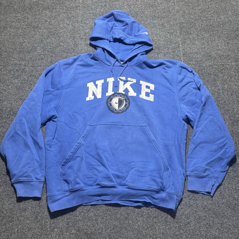 Vintage Y2K Nike Spell Out Talk Walk Logo Hoodie Sweatshirt Blue Fade Size Med